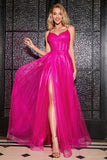 Hot Pink A-Line Spaghetti Straps Long Corset Ball Dress with Slit