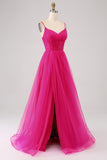 Fuchsia A-Line Spaghetti Straps Long Corset Ball Dress with Slit