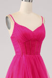 Fuchsia A-Line Spaghetti Straps Long Corset Ball Dress with Slit