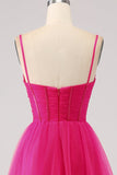 Fuchsia A-Line Spaghetti Straps Long Corset Ball Dress with Slit