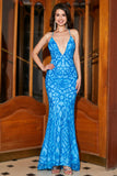 Mermaid Spaghetti Straps Blue Sequins Long Ball Dress