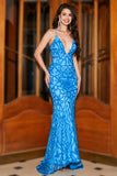 Mermaid Spaghetti Straps Blue Sequins Long Ball Dress