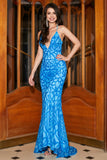 Mermaid Spaghetti Straps Blue Sequins Long Ball Dress