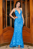 Mermaid Spaghetti Straps Blue Sequins Long Ball Dress