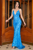 Mermaid Spaghetti Straps Blue Sequins Long Ball Dress