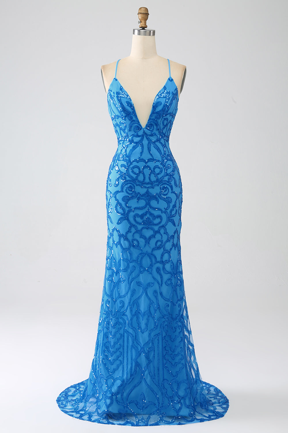 Blue Mermaid Spaghetti Straps Sequins Long Ball Dress