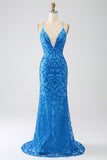 Blue Mermaid Spaghetti Straps Sequins Long Ball Dress