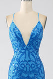 Blue Mermaid Spaghetti Straps Sequins Long Ball Dress