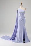 Mermaid Lilac One Shoulder Long Pleated Ball Dress with Slit