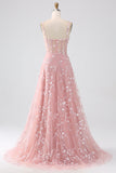 Sparkly Blush A Line Spaghetti Straps Sequin Corset Ball Dress with Slit