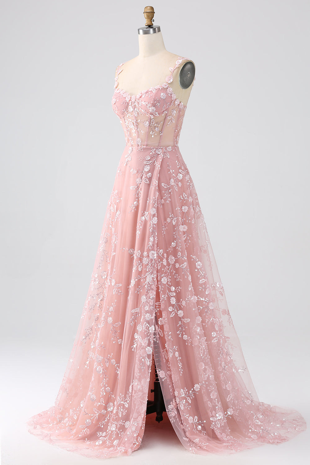 Sparkly Blush A Line Spaghetti Straps Sequin Corset Ball Dress with Slit