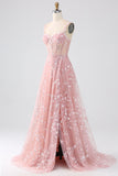Sparkly Blush A Line Spaghetti Straps Sequin Corset Ball Dress with Slit