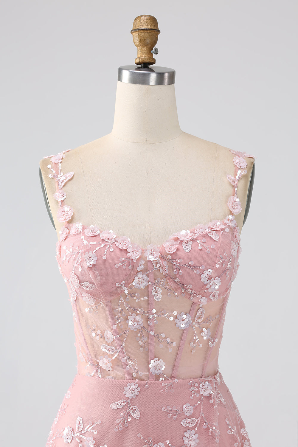 Sparkly Blush A Line Spaghetti Straps Sequin Corset Ball Dress with Slit
