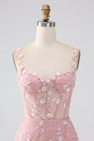 Sparkly Blush A Line Spaghetti Straps Sequin Corset Ball Dress with Slit