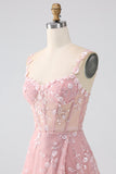 Sparkly Blush A Line Spaghetti Straps Sequin Corset Ball Dress with Slit