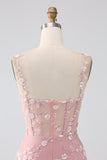 Sparkly Blush A Line Spaghetti Straps Sequin Corset Ball Dress with Slit