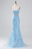 Sparkly Light Blue Mermaid Spaghetti Straps Long Ball Dress With Beading