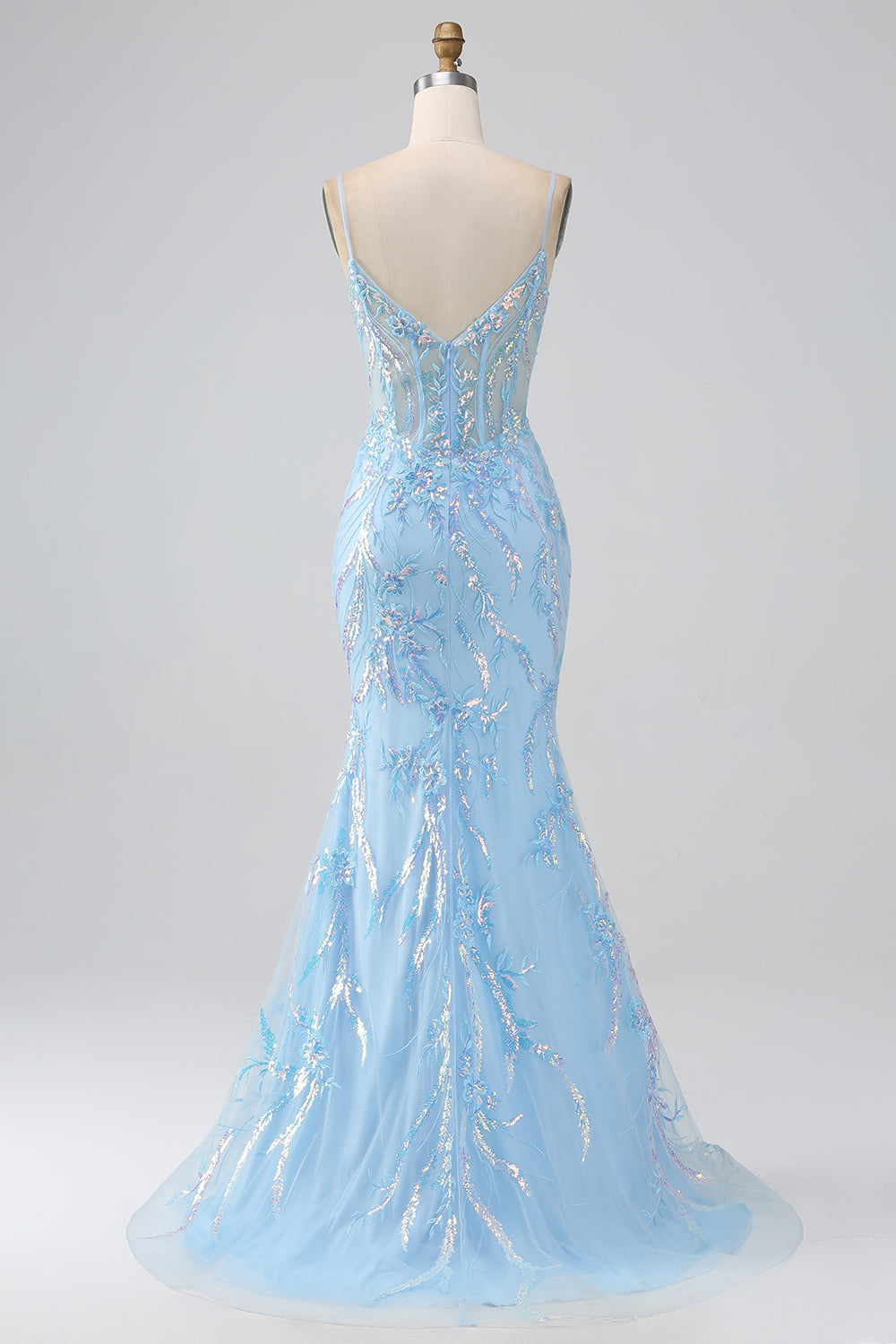 Sparkly Light Blue Mermaid Spaghetti Straps Long Ball Dress With Beading