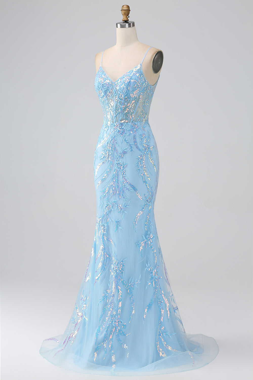 Sparkly Light Blue Mermaid Spaghetti Straps Long Ball Dress With Beading