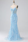 Sparkly Light Blue Mermaid Spaghetti Straps Long Ball Dress With Beading