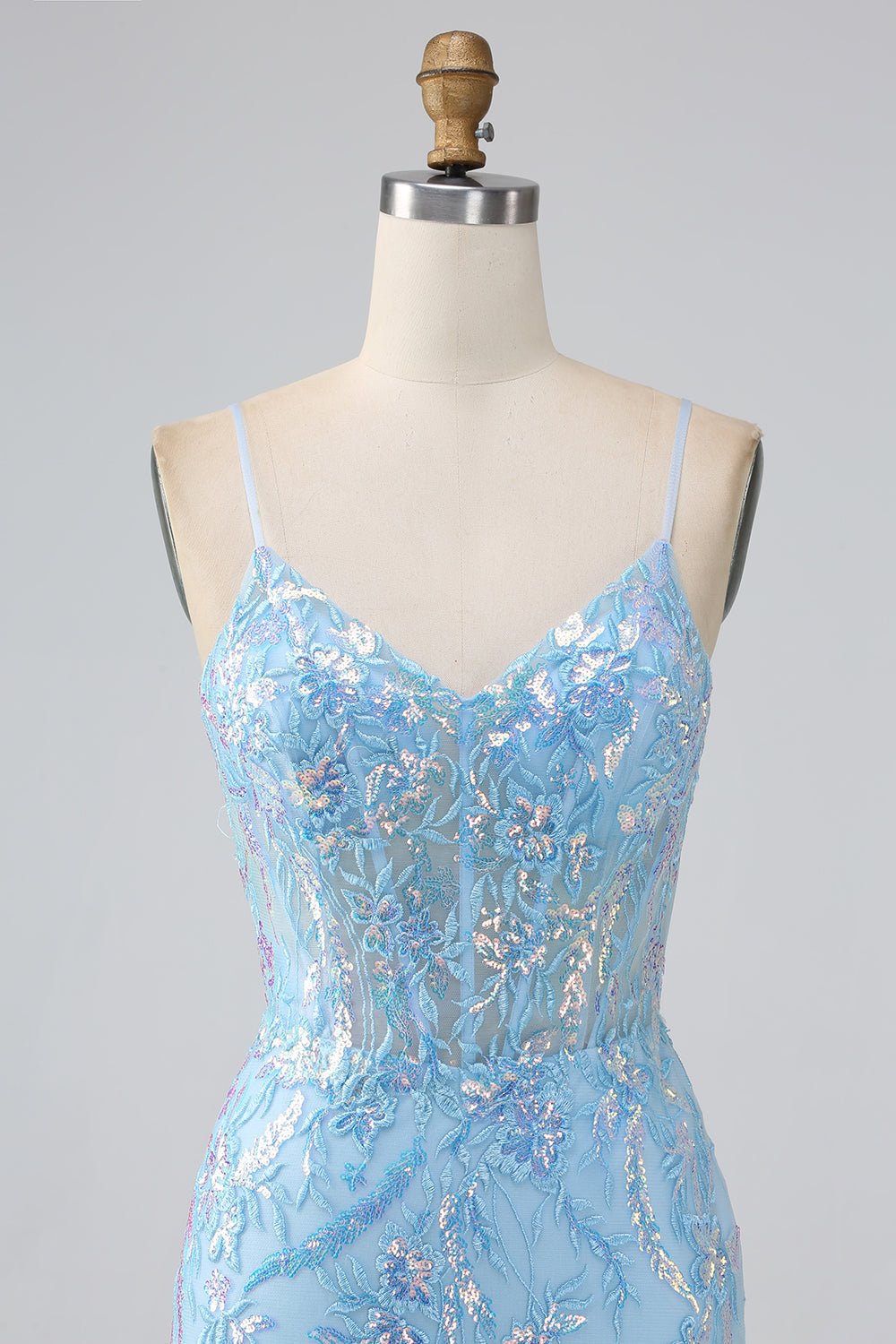 Sparkly Light Blue Mermaid Spaghetti Straps Long Ball Dress With Beading