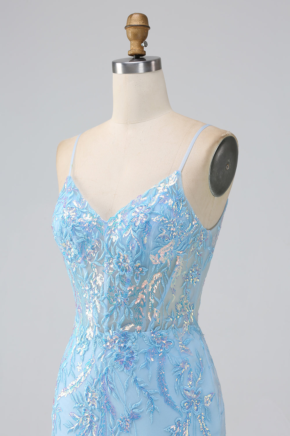 Sparkly Light Blue Mermaid Spaghetti Straps Long Ball Dress With Beading