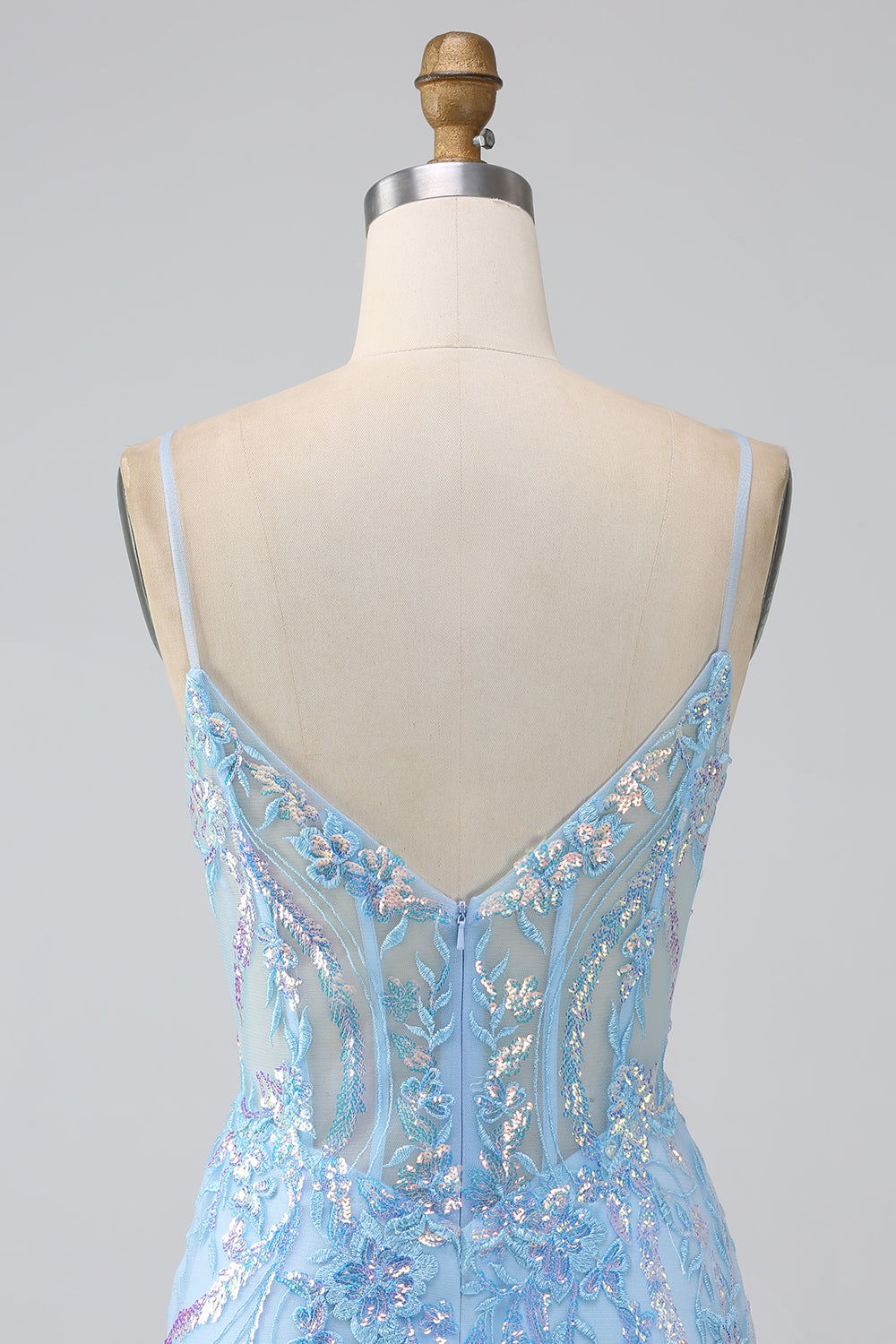 Sparkly Light Blue Mermaid Spaghetti Straps Long Ball Dress With Beading