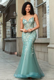 Stunning Mermaid Spaghetti Straps Light Green Corset Ball Dress with Appliques