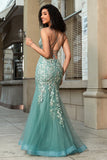 Stunning Mermaid Spaghetti Straps Light Green Corset Ball Dress with Appliques