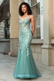Stunning Mermaid Spaghetti Straps Light Green Corset Ball Dress with Appliques