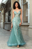 Stunning Mermaid Spaghetti Straps Light Green Corset Ball Dress with Appliques