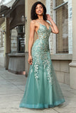 Stunning Mermaid Spaghetti Straps Light Green Corset Ball Dress with Appliques
