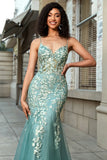 Stunning Mermaid Spaghetti Straps Light Green Corset Ball Dress with Appliques