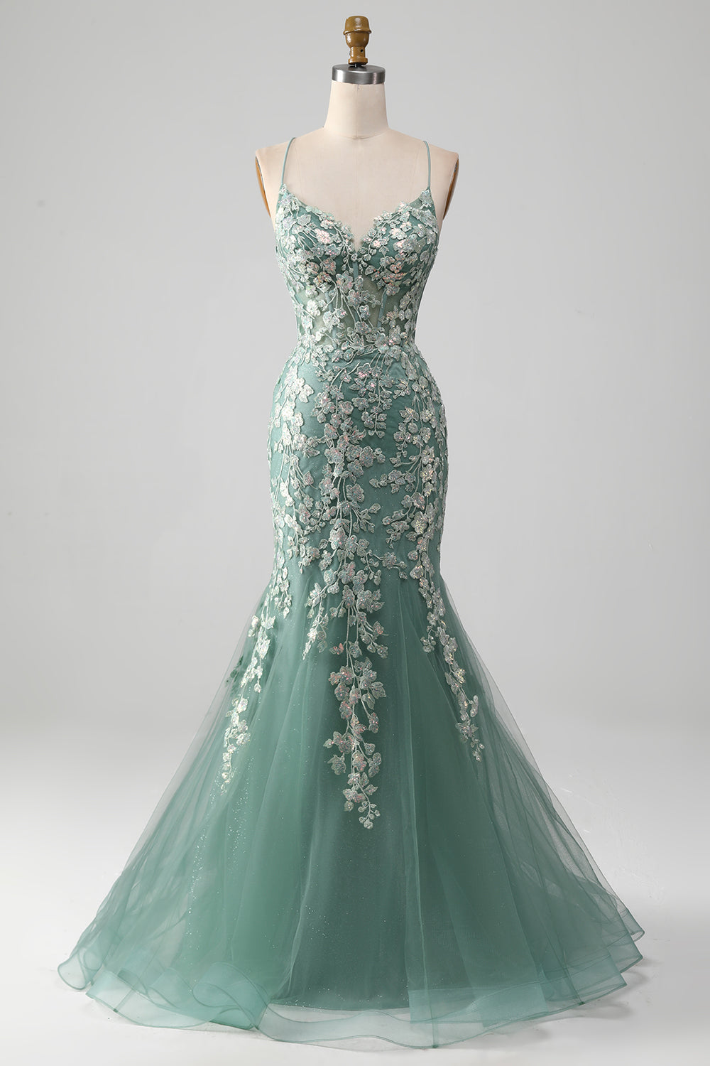 Light Green Mermaid Lace-Up Back Ball Dress with Appliques