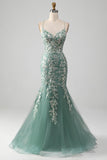Light Green Mermaid Lace-Up Back Ball Dress with Appliques
