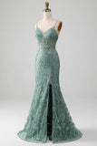 Sparkly Grey Green Mermaid Spaghetti Staps Ball Dress with Beading