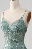 Sparkly Grey Green Mermaid Spaghetti Staps Ball Dress with Beading