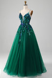 Tulle Spaghetti Straps Dark Green Ball Dress with Sequins