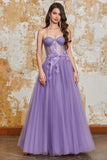 A-Line Spaghetti Straps Purple Corset Ball Dress with 3D Flowers