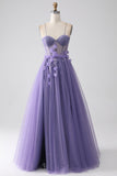 Purple A-Line Spaghetti Straps Corset Ball Dress with 3D Flowers