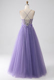 Purple A-Line Spaghetti Straps Corset Ball Dress with 3D Flowers