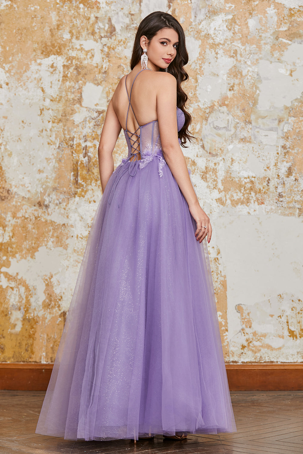 A-Line Spaghetti Straps Purple Corset Ball Dress with 3D Flowers