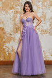 A-Line Spaghetti Straps Purple Corset Ball Dress with 3D Flowers