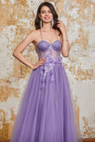A-Line Spaghetti Straps Purple Corset Ball Dress with 3D Flowers