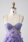 Purple A-Line Spaghetti Straps Corset Ball Dress with 3D Flowers
