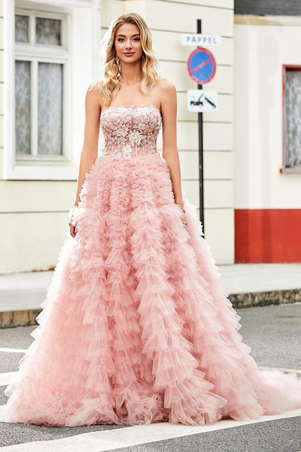 A-Line Strapless Beaded Blush Tiered Long Ball Dress With Appliques