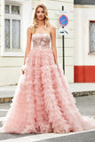 A-Line Strapless Beaded Blush Tiered Long Ball Dress With Appliques