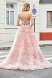 A-Line Strapless Beaded Blush Tiered Long Ball Dress With Appliques
