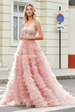 A-Line Strapless Beaded Blush Tiered Long Ball Dress With Appliques