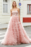 A-Line Strapless Beaded Blush Tiered Long Ball Dress With Appliques